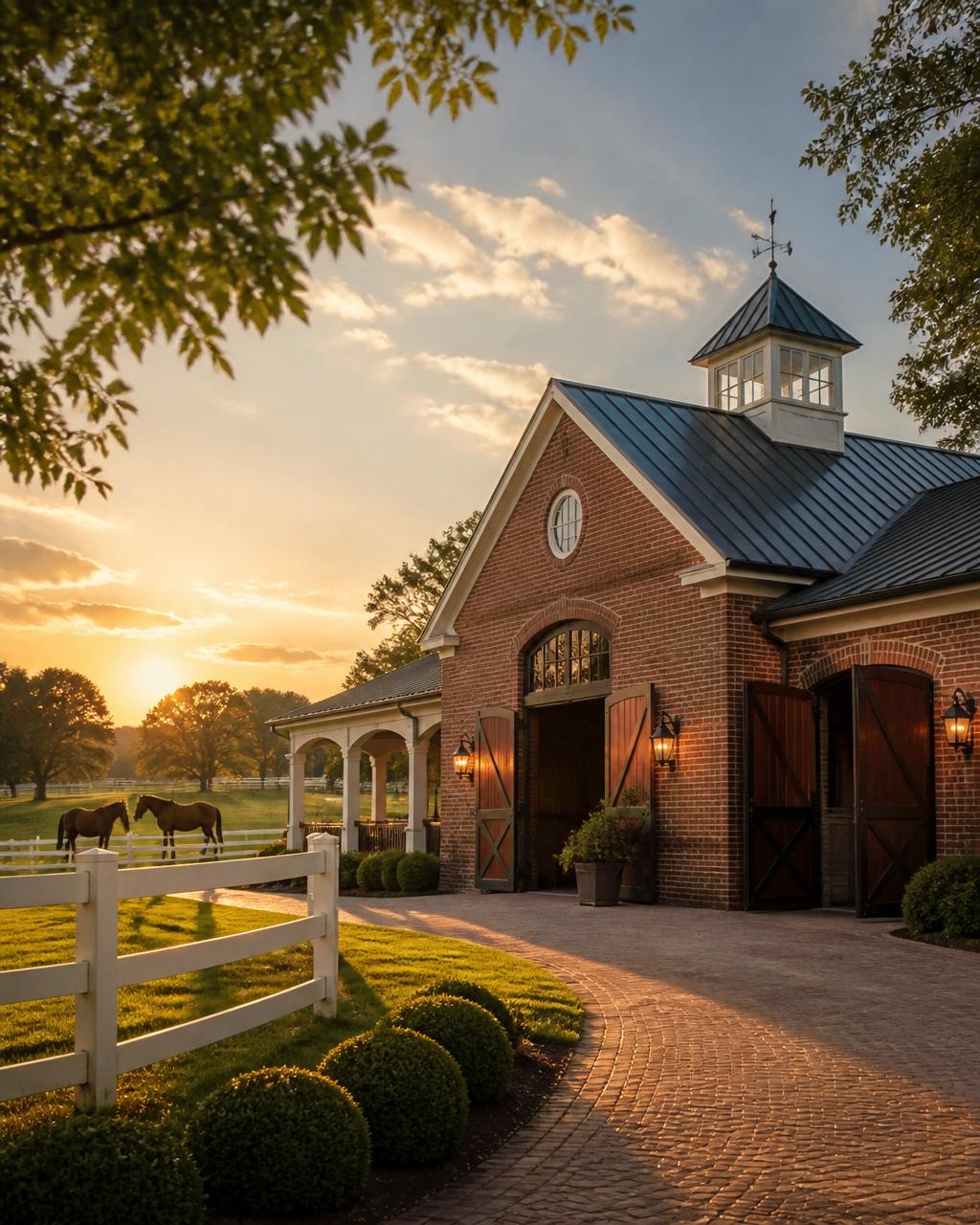 Beautiful brick barn at Le Bocage at golden hour